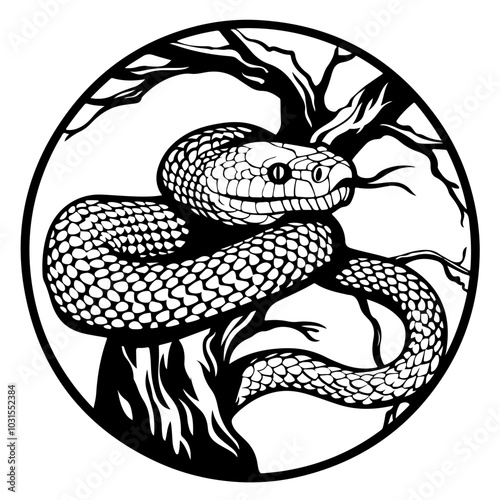 Coiled Snake On Tree Branch