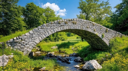 A stone arch bridge crosses a small stream with lush green trees and wildflowers in the foreground.