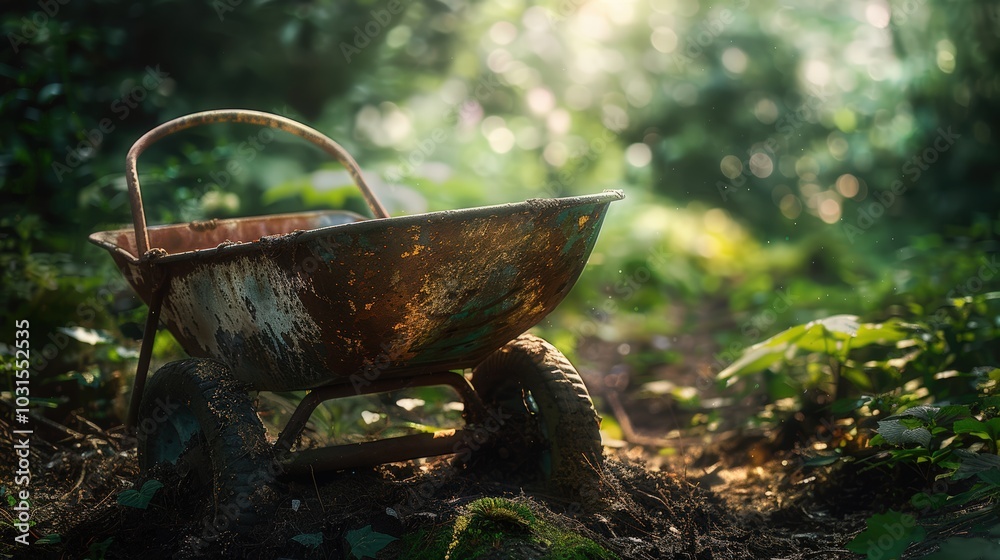 Rustic Wheelbarrow in Nature with Soft Lighting Rustic Wheelbarrow in Nature with Soft Lighting