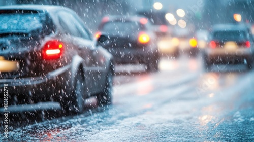 Sleet and freezing rain creating a slick, icy layer on roads and vehicles, causing traffic hazards in winter weather