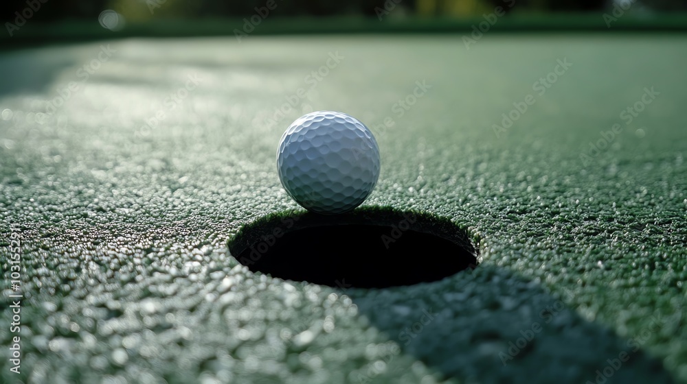 Close-up of a golf ball poised on the edge of the hole, showcasing a dramatic moment in the game of golf. Close-up of a golf ball poised on the edge of the hole, showcasing a dramatic moment in the game of golf.