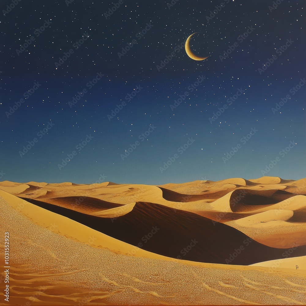 Glittering Desert Dunes Under a Crescent Moon Glittering Desert Dunes Under a Crescent Moon