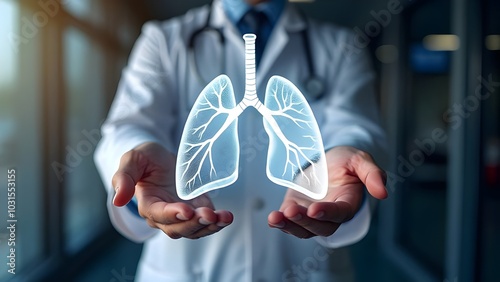 Doctor holding a hologram image of a lung modern medical technology pulmonology respiratory physician