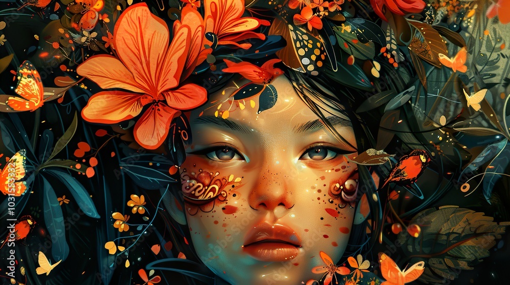 Enchanted Portrait: Woman Surrounded by Flowers and Butterflies Enchanted Portrait: Woman Surrounded by Flowers and Butterflies