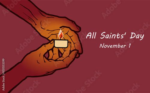 All Saints' Day, November 1 st. Two hands hold a candle. Vector hand drawn cartoon illustration. Christian autumn holiday. All souls remembrance day.