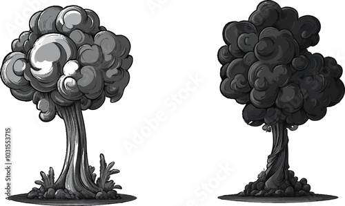 Black smoke cloud vector set, nuclear explosion mushroom cloud