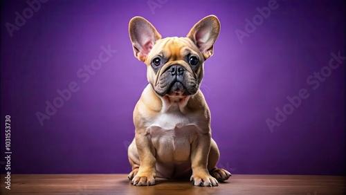 Adorable Curious French Bulldog Sitting on Purple Background - Candid Photography of Playful Dog Exploring Its Surroundings, Perfect for Pet Lovers and Dog Enthusiasts