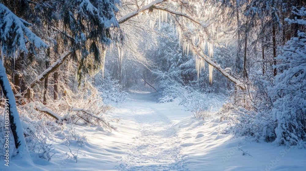 Snow and ice covering the ground in a forest after a winter storm, with branches heavy with snow and icicles hanging from tree limbs Snow and ice covering the ground in a forest after a winter storm, with branches heavy with snow and icicles hanging from tree limbs