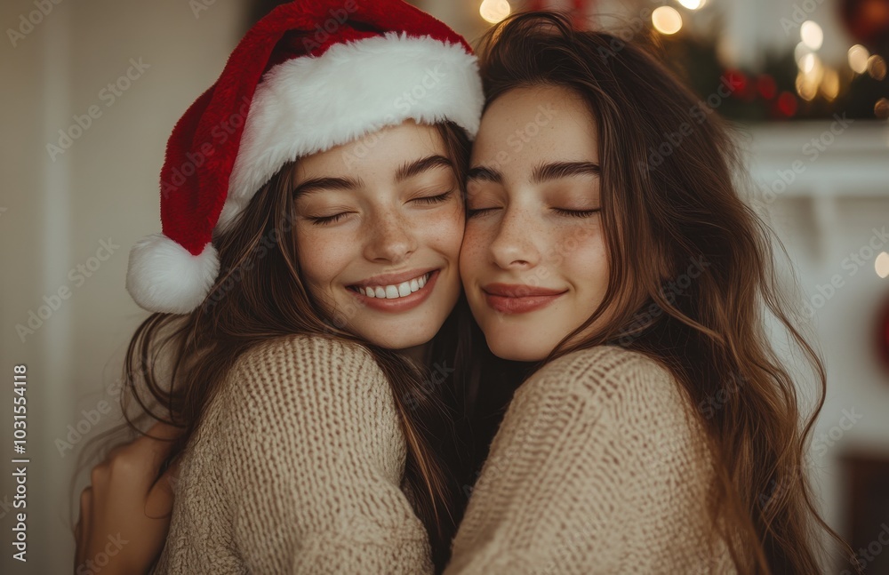 Two young friends embracing warmly at home during the holiday season, capturing the joy and warmth of Christmas. One wears a Santa hat, adding a festive touch while surrounded by glowing lights.
