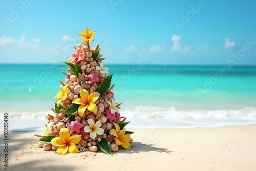 Christmas celebration in the Caribbean with a festive flower and seashell arrangement on a beach