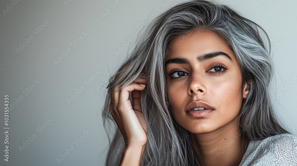 Indian Woman with Grey Streaks Showing Thoughtfulness While Touching Hair. Indian Woman with Grey Streaks Showing Thoughtfulness While Touching Hair.