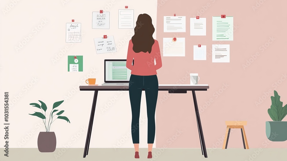 Fototapeta premium A woman standing at a small desk, her laptop open, with notes pinned on the wall and a cup of tea, showing her dedicated workspace.