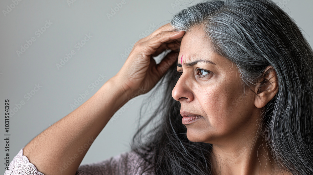 Indian Woman with Greying Hair Gently Touching Her Hairline. Indian Woman with Greying Hair Gently Touching Her Hairline.