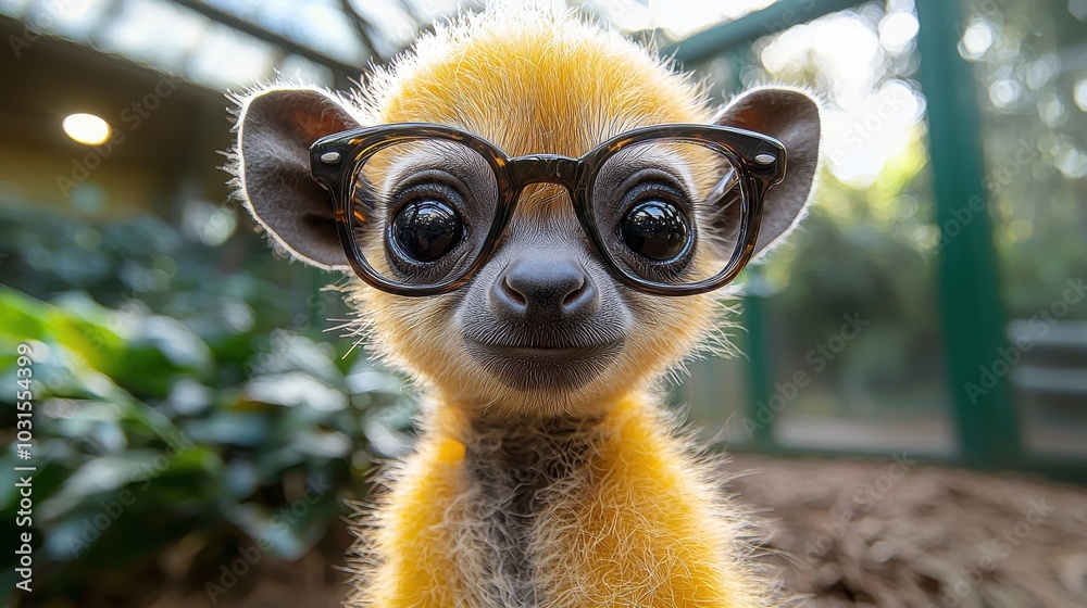A young meerkat wearing glasses poses playfully in a lush enclosure during the afternoon light at a wildlife park A young meerkat wearing glasses poses playfully in a lush enclosure during the afternoon light at a wildlife park