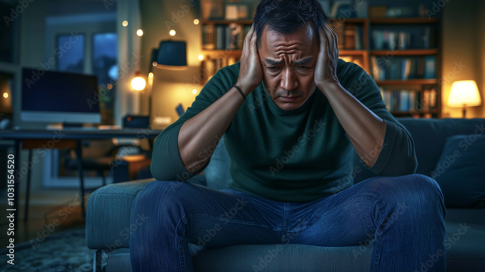 Fototapeta premium Young Man Facing the Mental Strain of Stress and Anxiety in Everyday Life