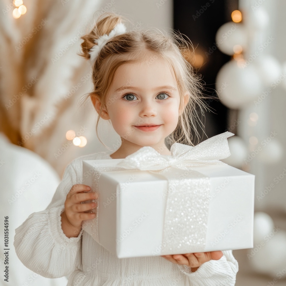 A young girl in a white dress is holding a beautifully wrapped gift box with a glittery ribbon, surrounded by warm and festive decorations. A young girl in a white dress is holding a beautifully wrapped gift box with a glittery ribbon, surrounded by warm and festive decorations.