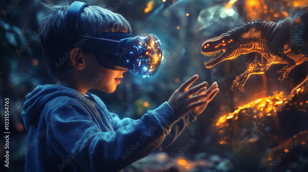 A young boy wearing a VR headset, reaching out to interact with digital dinosaurs, glowing virtual objects giving a sense of adventure.