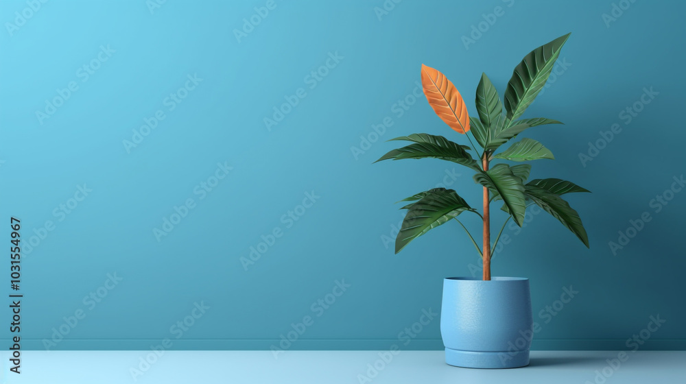 A green plant in a white pot on a table, suitable for home decor Plant against a blue wall background with copy space A green plant in a white pot on a table, suitable for home decor Plant against a blue wall background with copy space