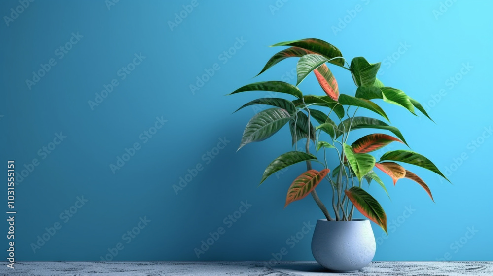 A green plant in a white pot on a table, suitable for home decor Plant against a blue wall background with copy space A green plant in a white pot on a table, suitable for home decor Plant against a blue wall background with copy space