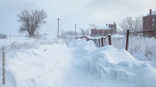 Snowdrifts piling up along fences and buildings after a snowstorm, with high winds shaping the snow into tall, frozen mounds