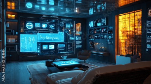 An AI personalization hub in a futuristic home, displaying holographic panels of user-selected interests like fitness, cooking, and reading.