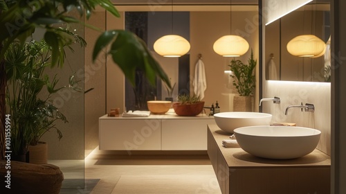 A modern bathroom with two sinks, a large mirror, and plants.