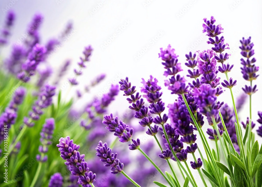 Naklejka premium Purple Lavender Flowers with Green Leaves on White Background for Relaxing Home Decor