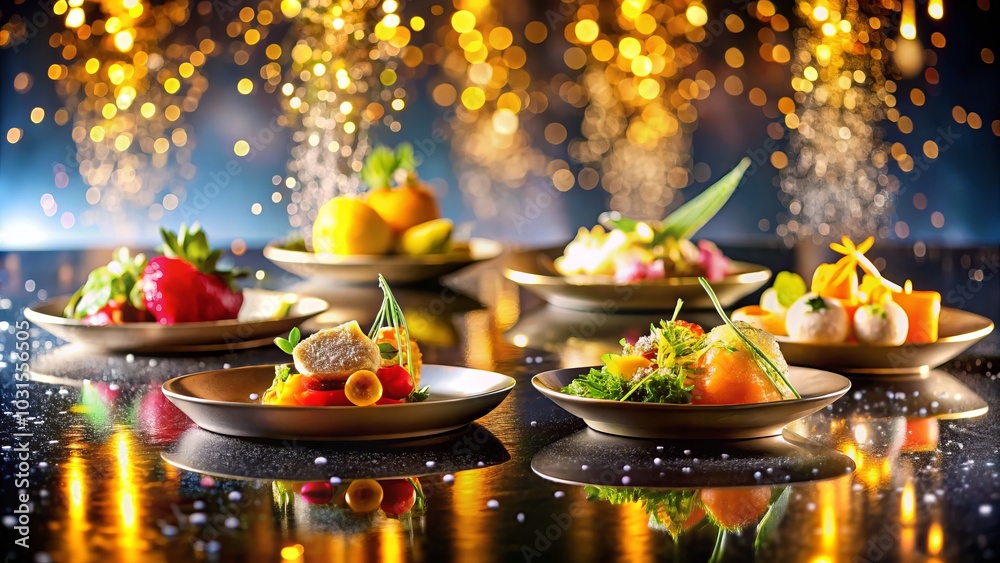 Fototapeta premium Abstract Glittering Background with Delicious Food Photography, Colorful Dishes, Creative Presentation, Vibrant Ingredients, Elegant Table Settings, Gourmet Style, Culinary Art, Food Styling