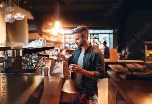 A man in a black shirt and jeans stands at a counter, holding a paper bag and a cup.