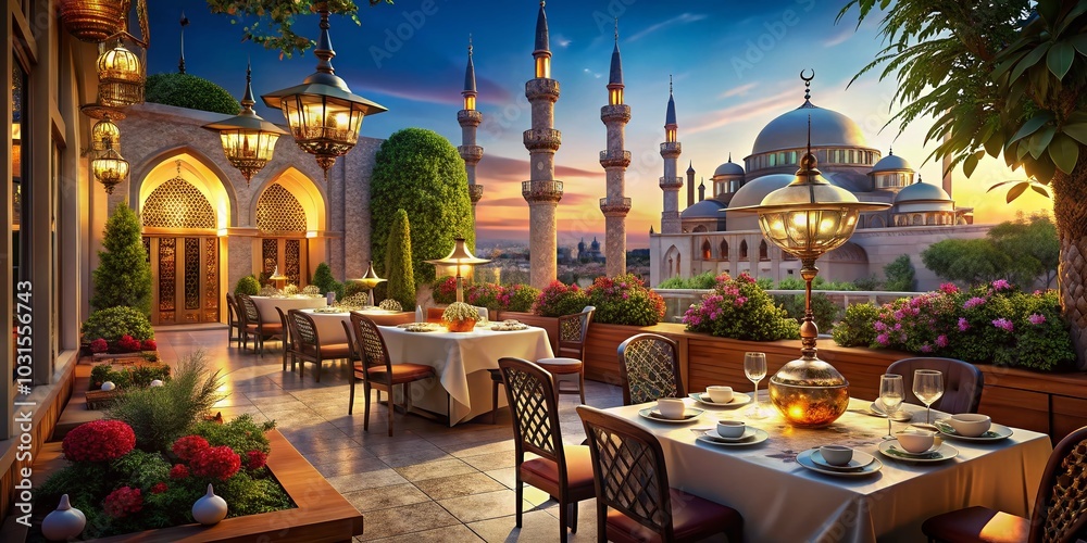 Fototapeta premium Quaint Outdoor Dining Area with Scenic Mosque View for Unique Dining Experience in 4K Video Animation