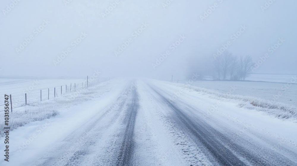 Thick winter fog combining with snow flurries to create near-zero visibility on a country road Thick winter fog combining with snow flurries to create near-zero visibility on a country road