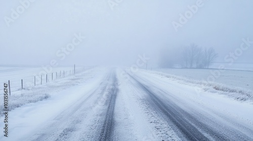 Thick winter fog combining with snow flurries to create near-zero visibility on a country road