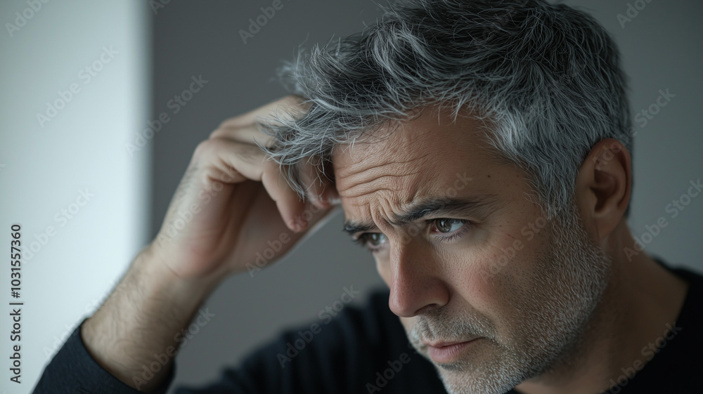Obraz premium Man with Grey Hair Examining Hairline in Mirror.