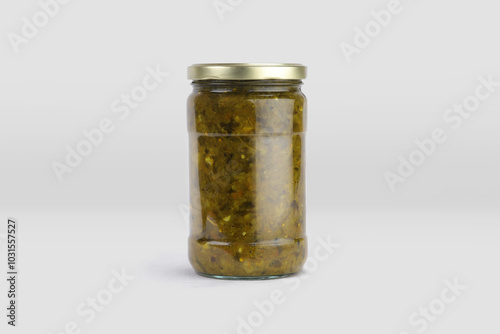 pickle jar mockup, jar of pickled vegetables preserved, canned greens, marinated greens, isolated on white background.