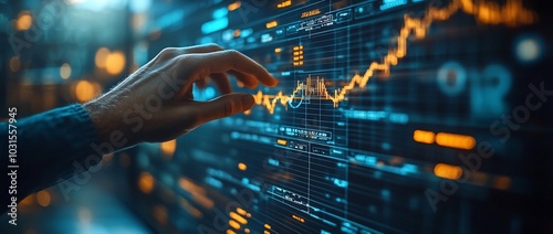 A hand interacts with a digital screen displaying financial data and trends.