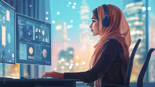 Middle-Eastern Woman Portrait, Engaging in a Virtual Classroom. photo