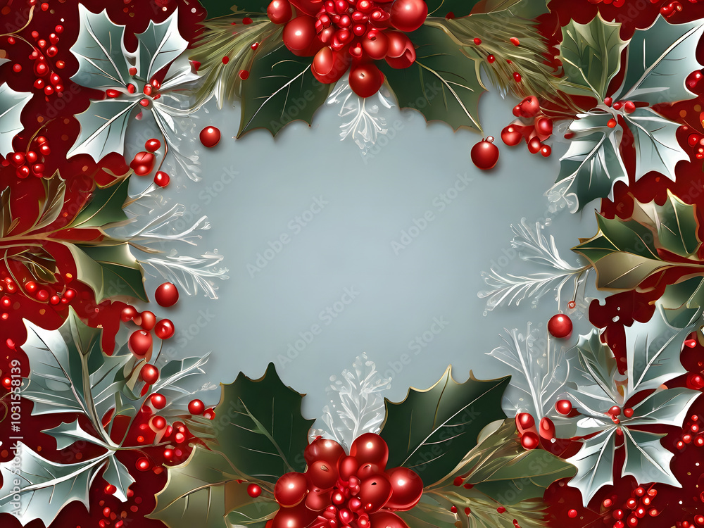 A seamless watercolor Christmas pattern with red berries, holly leaves, and silver frost on a blue background. A seamless watercolor Christmas pattern with red berries, holly leaves, and silver frost on a blue background.