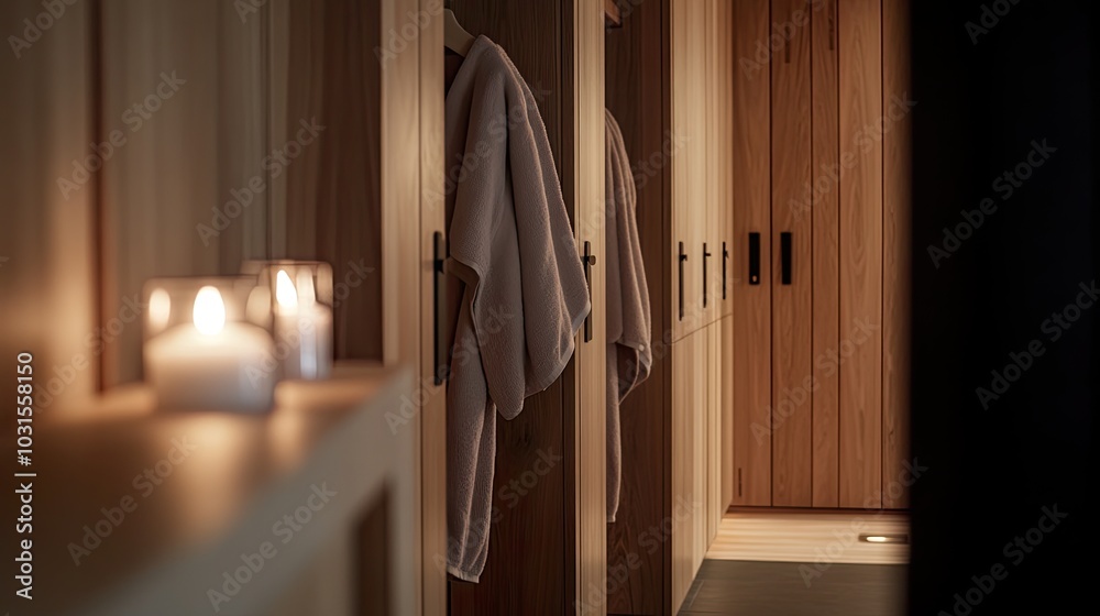 Serene spa interior with robes and candles. Serene spa interior with robes and candles.