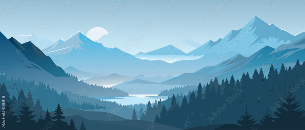 Obraz premium Serene Mountain Landscape With A Lake And Fog