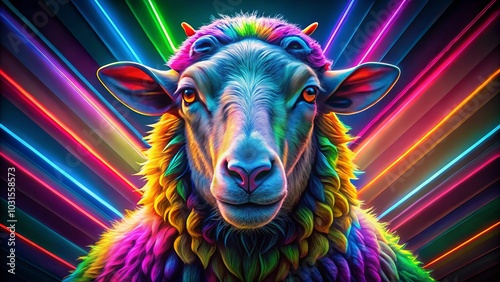 Abstract Sheep Portrait in Neon Highlighter Lines - Artistic Rainbow Design for Architectural Photography photo