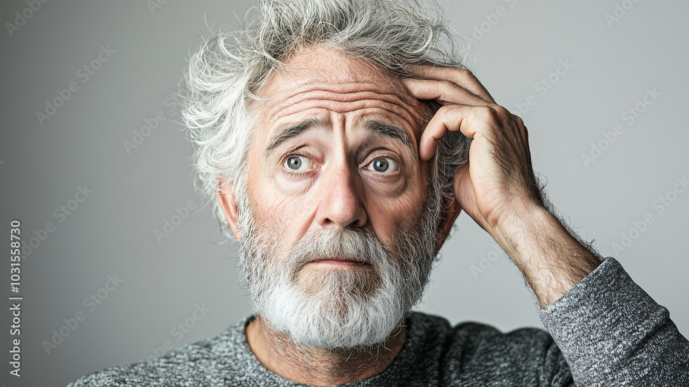 Older Man with Salt-and-Pepper Hair, Thoughtfully Running His Fingers Through His Hair. Older Man with Salt-and-Pepper Hair, Thoughtfully Running His Fingers Through His Hair.