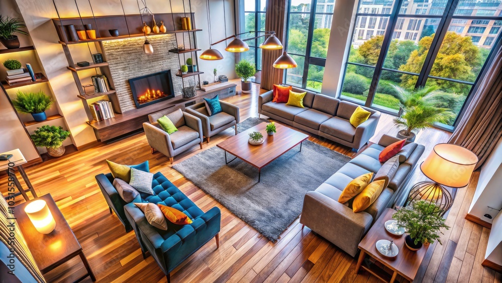 Aerial View of a Modern Living Room with Stylish Furniture and Elegant Decor in a Cozy Space - Interior Design Inspiration, Home Decor, Cozy Living Area, Modern Aesthetics Aerial View of a Modern Living Room with Stylish Furniture and Elegant Decor in a Cozy Space - Interior Design Inspiration, Home Decor, Cozy Living Area, Modern Aesthetics