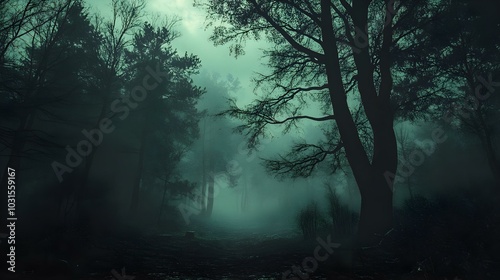 Deep forest and moody trees Mysterious and scary forest. halloween concept