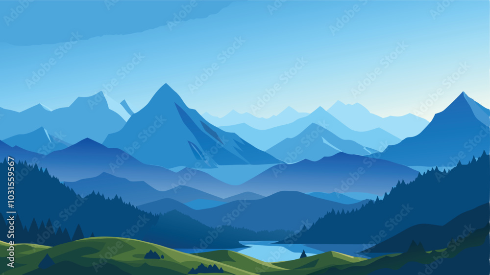 Fototapeta premium Mountain Range Landscape with Blue Sky and Lake