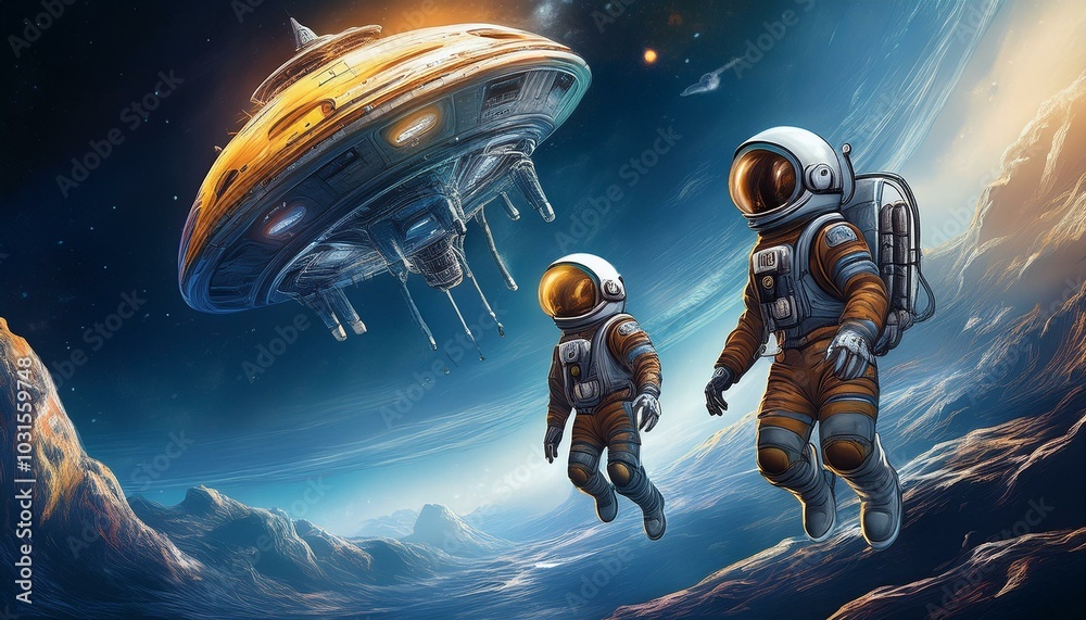 A pair of astronauts floating near an alien spacecraft, exchanging curious looks. A pair of astronauts floating near an alien spacecraft, exchanging curious looks.
