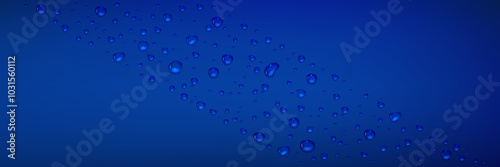 Water droplets on dark blue glossy surface. Background with diagonal composition of condensation drop. Realistic 3d vector illustration of dewy bg with liquid raindrop. Pattern with fresh humid effect