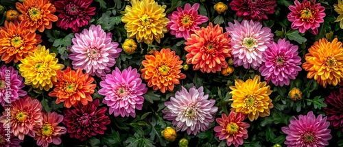 A vibrant array of colorful flowers in full bloom, creating a stunning visual tapestry of petals and greenery.