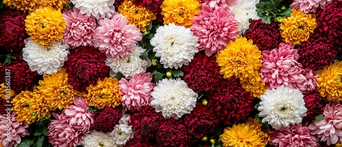 A vibrant array of colorful flowers, featuring marigolds and chrysanthemums, creating a lively and cheerful floral display.