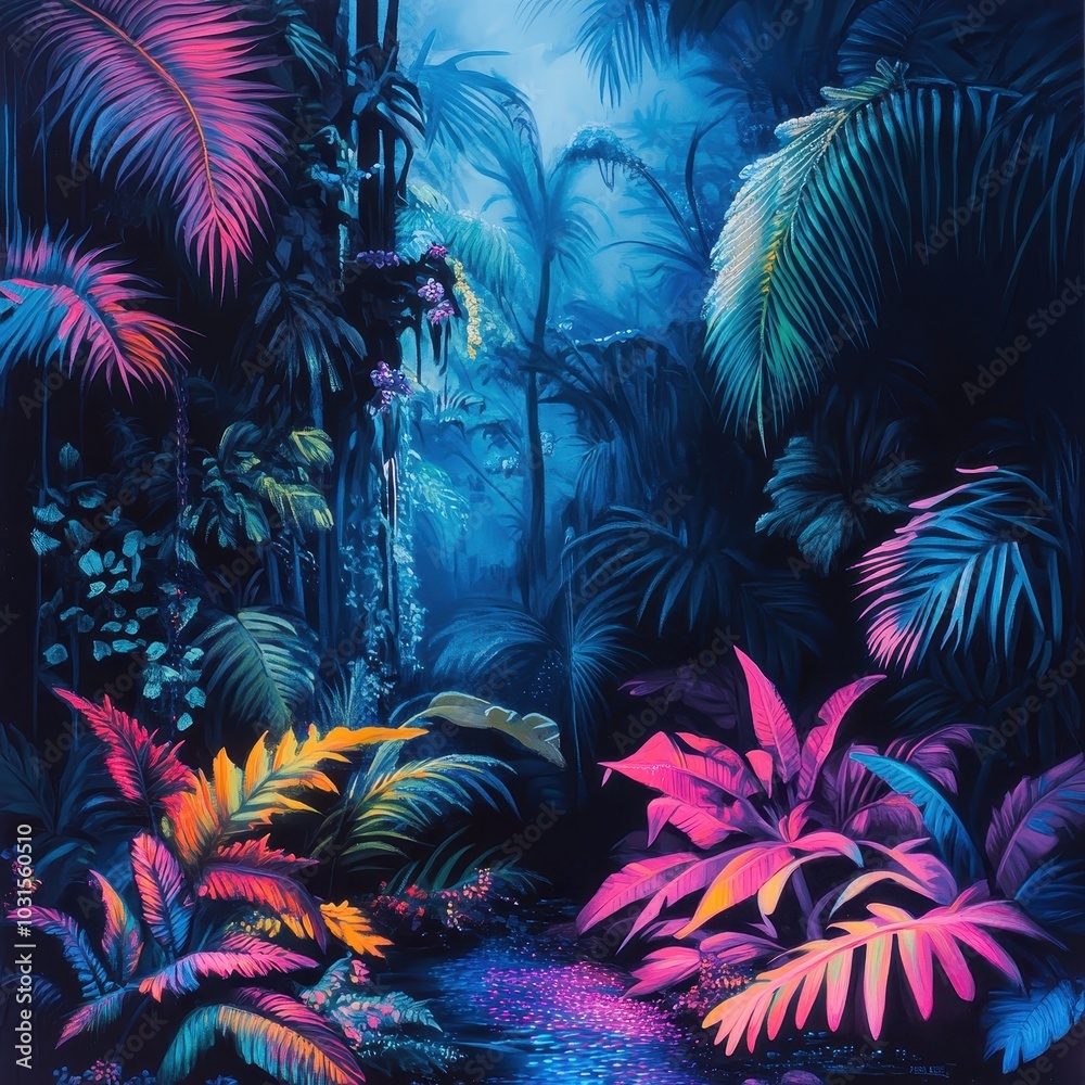 Vibrant Jungle with Oversized Fluorescent Leaves Vibrant Jungle with Oversized Fluorescent Leaves