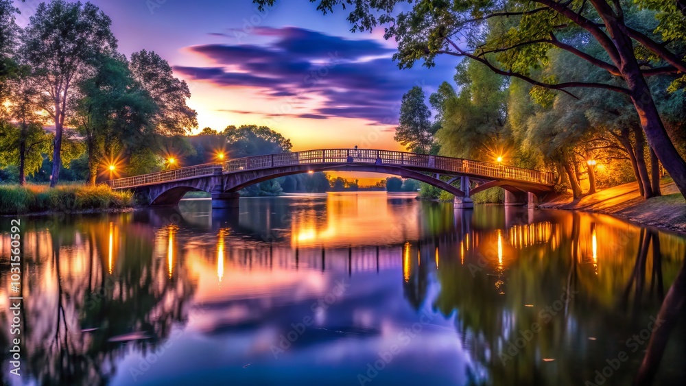 Fototapeta premium Stunning Low Light Photography of a Bridge Over a River at Dusk, Capturing Serene Reflections and Atmospheric Colors for a Peaceful Landscape Scene